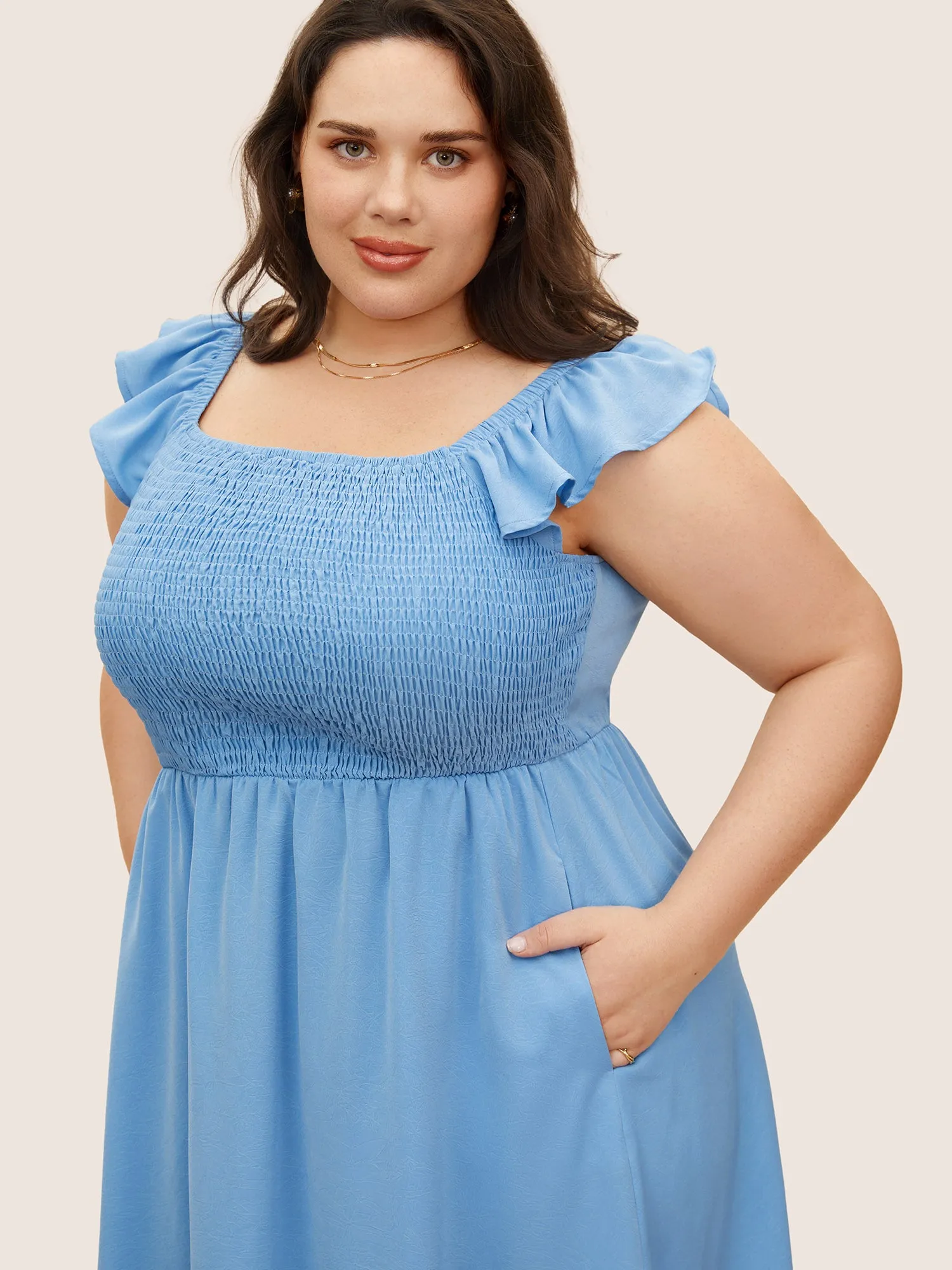 Square Neck Solid Ruffles Shirred Dress sold by Bloomchic product image thumbnail 4