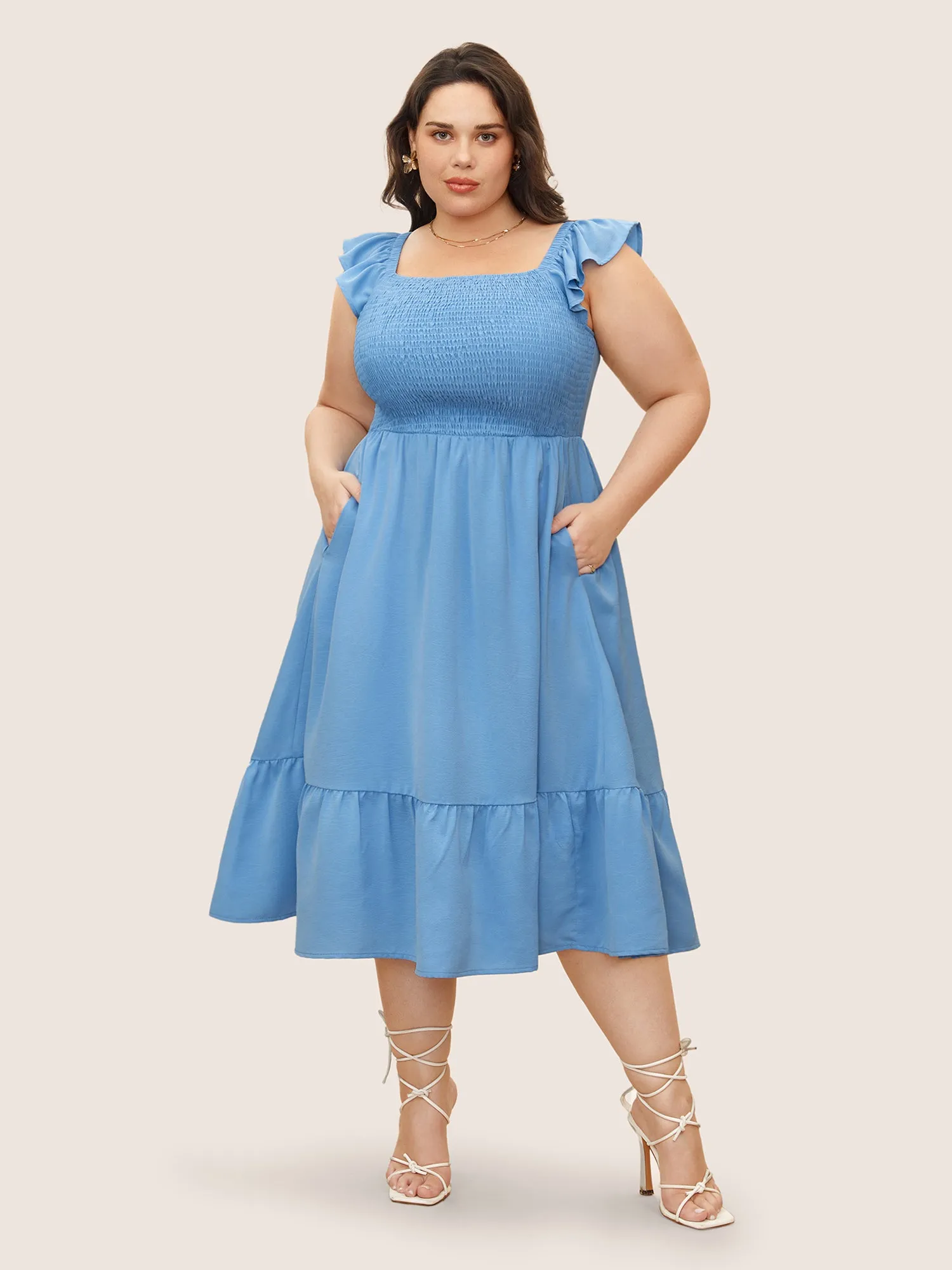 Square Neck Solid Ruffles Shirred Dress sold by Bloomchic