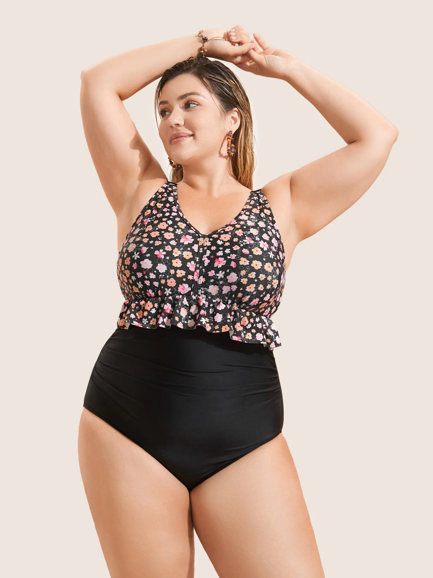 Ditsy Floral Patchwork Ruffle Trim One Piece Swimsuit sold by Bloomchic