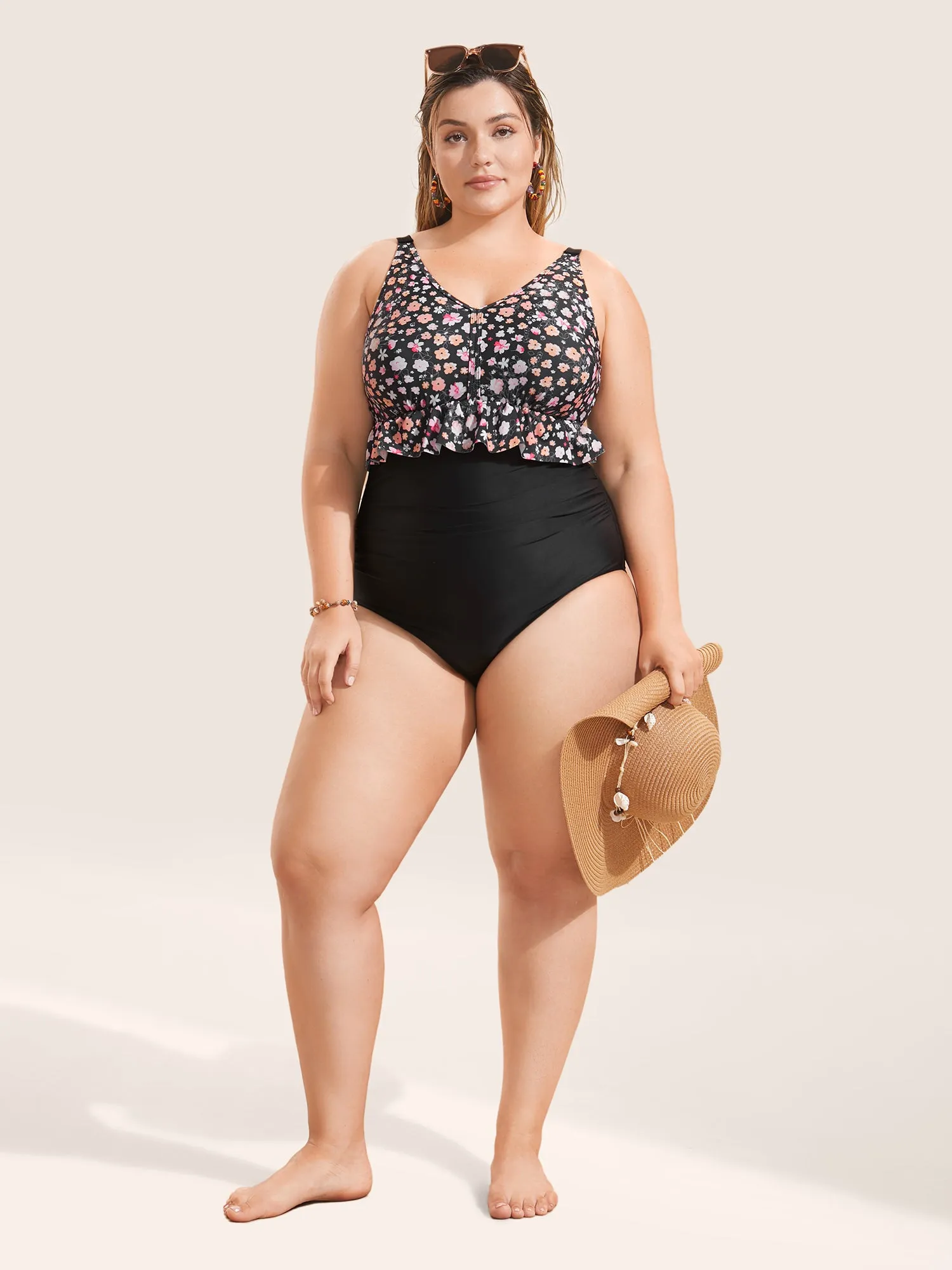 Ditsy Floral Patchwork Ruffle Trim One Piece Swimsuit sold by Bloomchic product image thumbnail 3