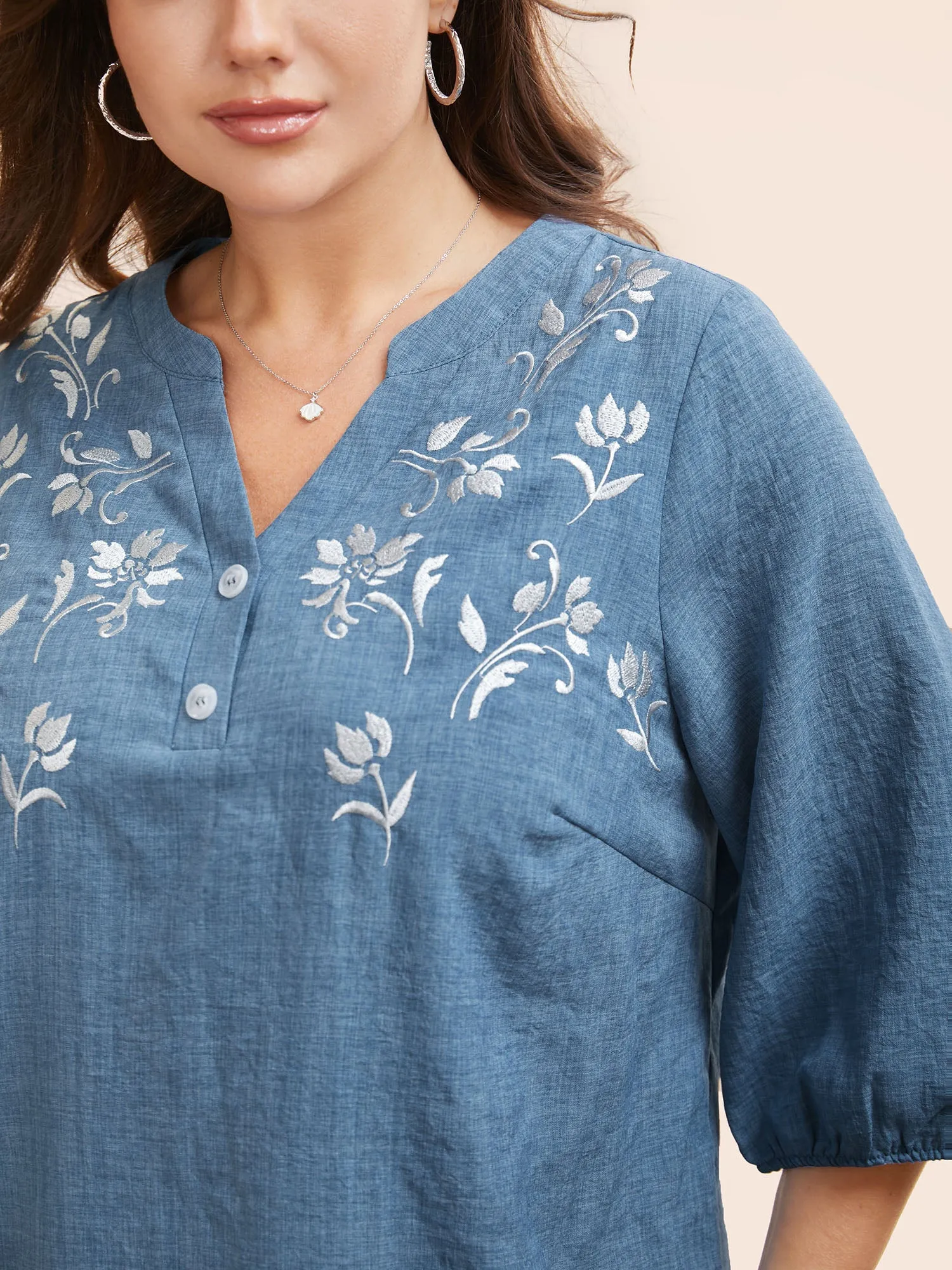 Floral Embroidered Button Detail Lantern Sleeve Blouse sold by Bloomchic product image thumbnail 5