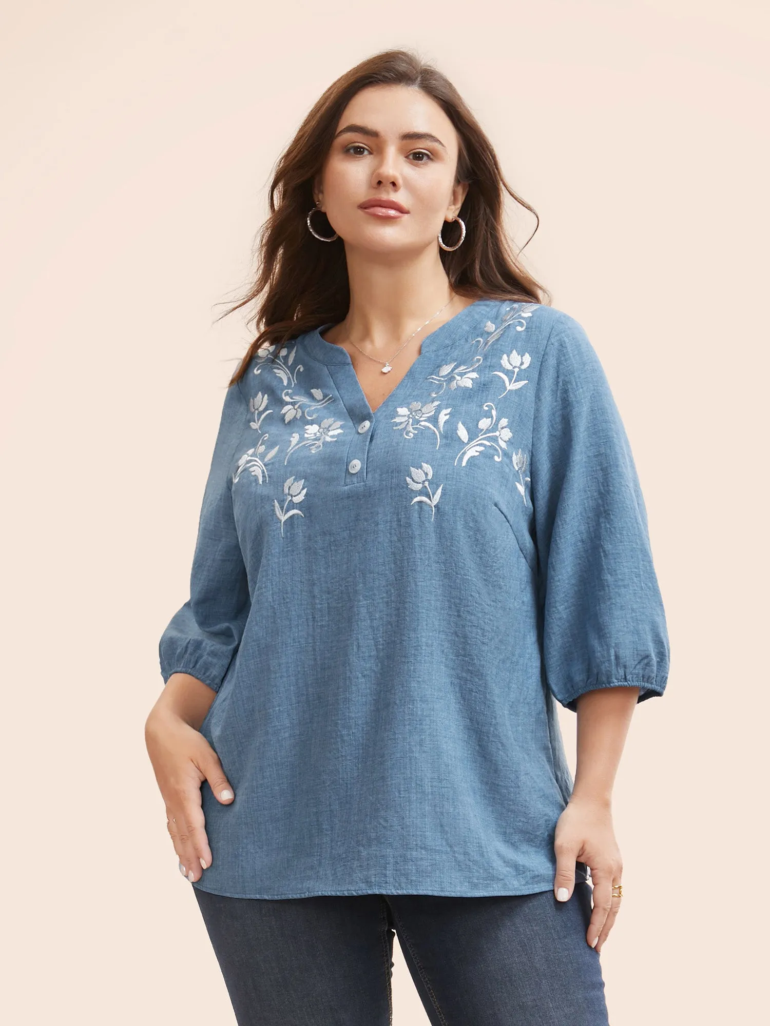 Floral Embroidered Button Detail Lantern Sleeve Blouse sold by Bloomchic