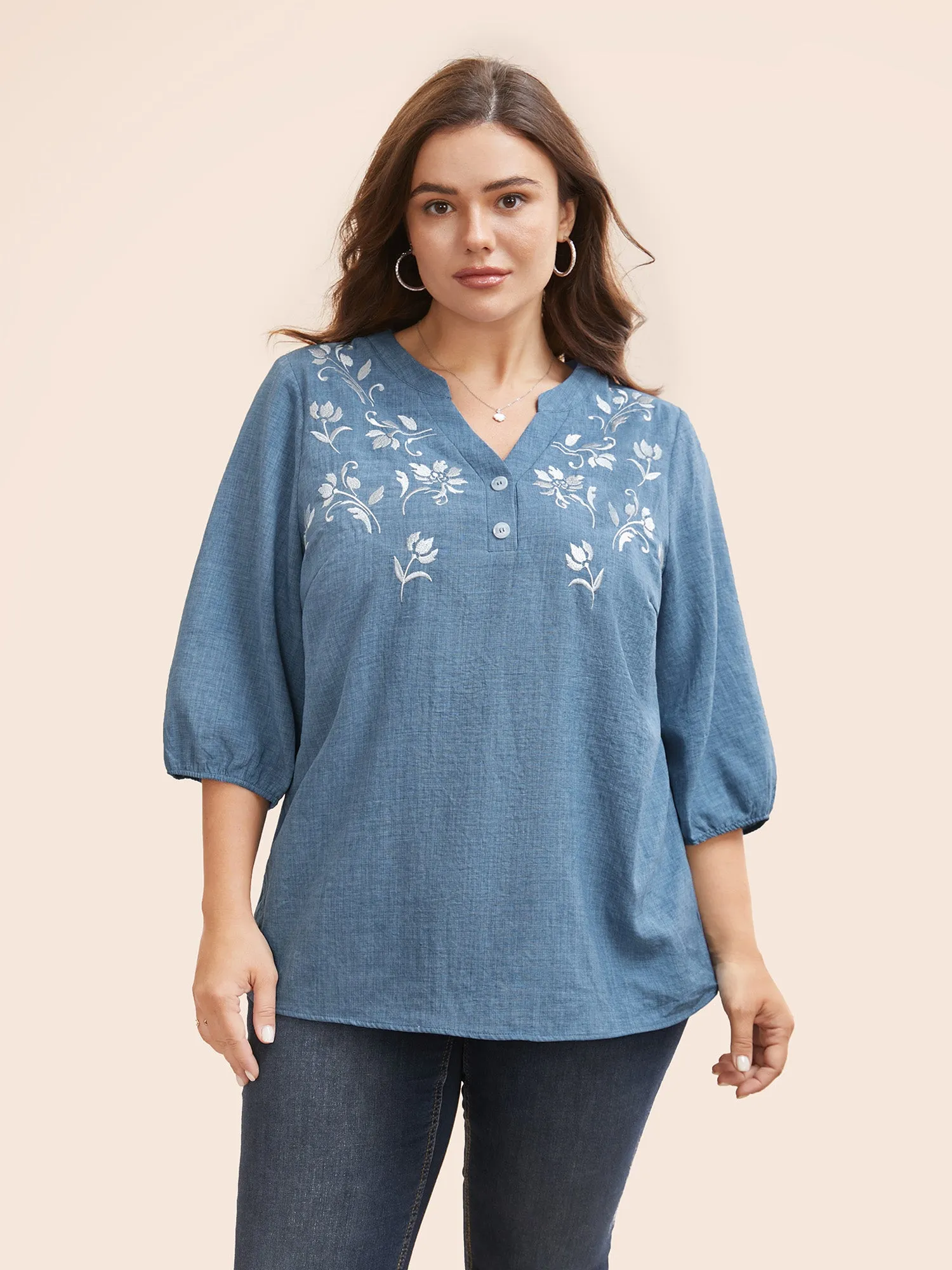 Floral Embroidered Button Detail Lantern Sleeve Blouse sold by Bloomchic product image thumbnail 3