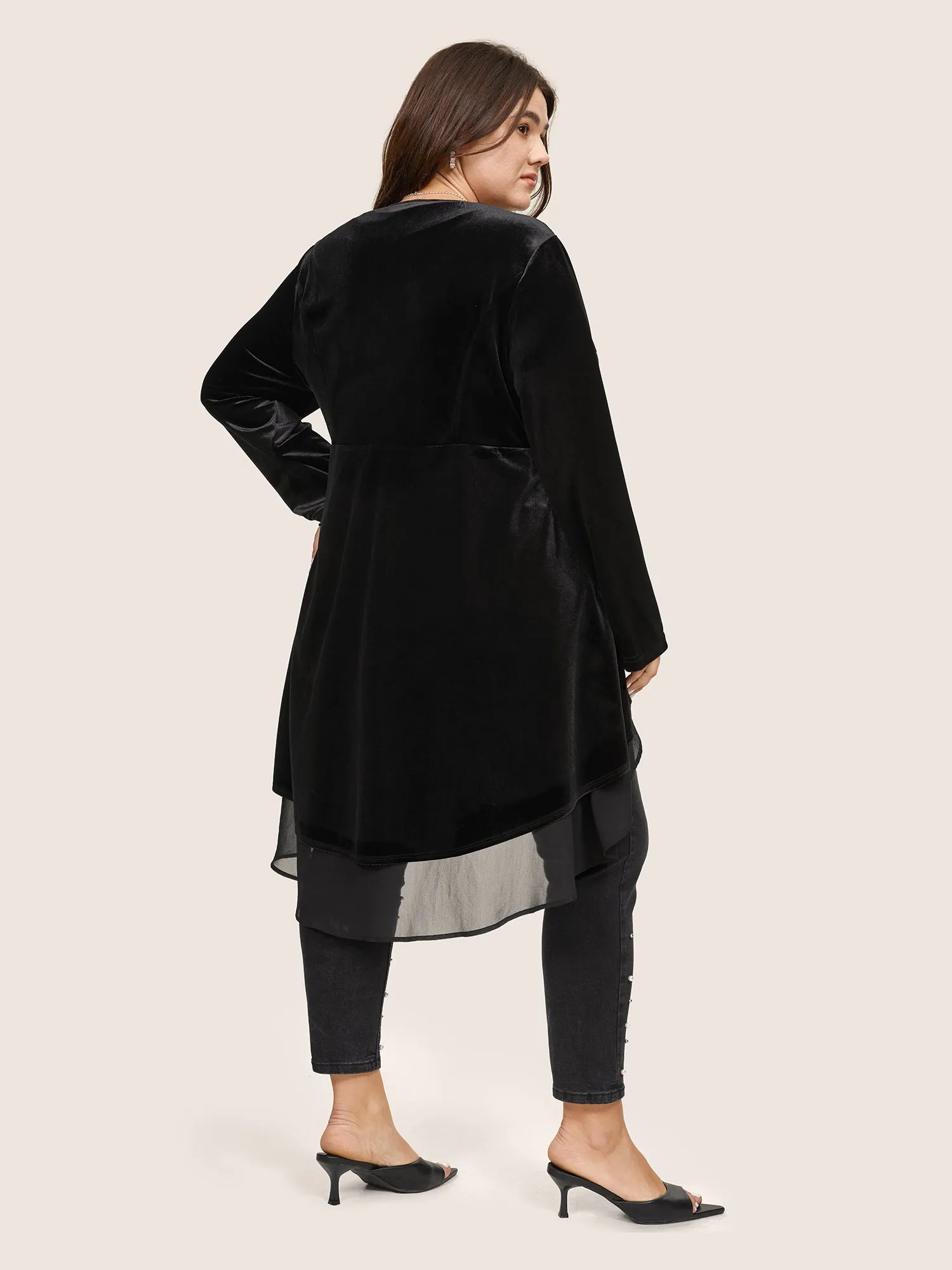 Velvet Mesh Patchwork Asymmetrical Hem Coat sold by Bloomchic product image thumbnail 2