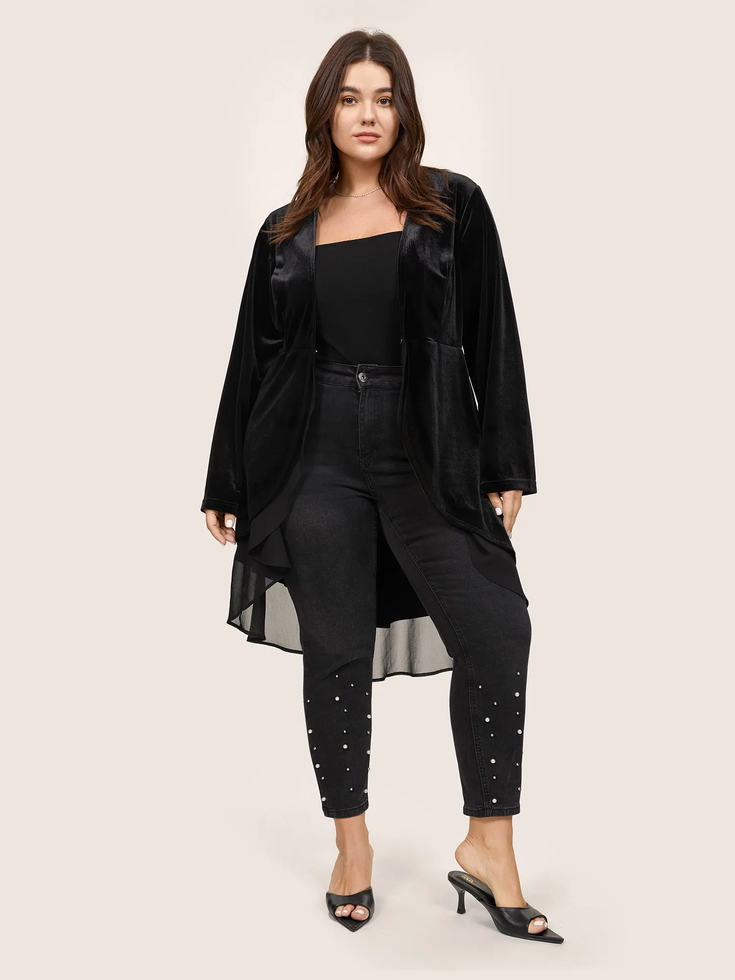 Velvet Mesh Patchwork Asymmetrical Hem Coat sold by Bloomchic product image thumbnail 3