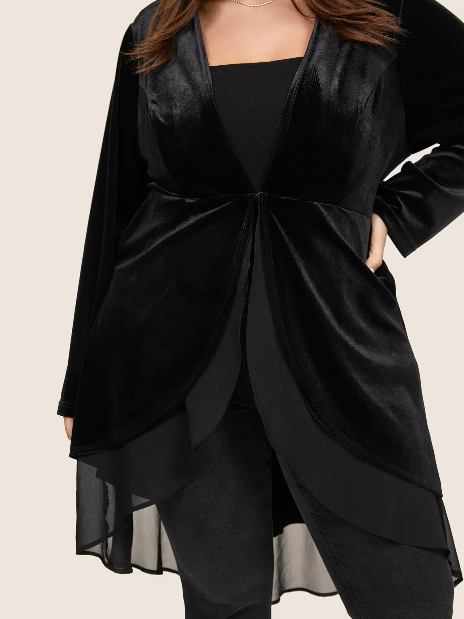 Velvet Mesh Patchwork Asymmetrical Hem Coat sold by Bloomchic product image thumbnail 4