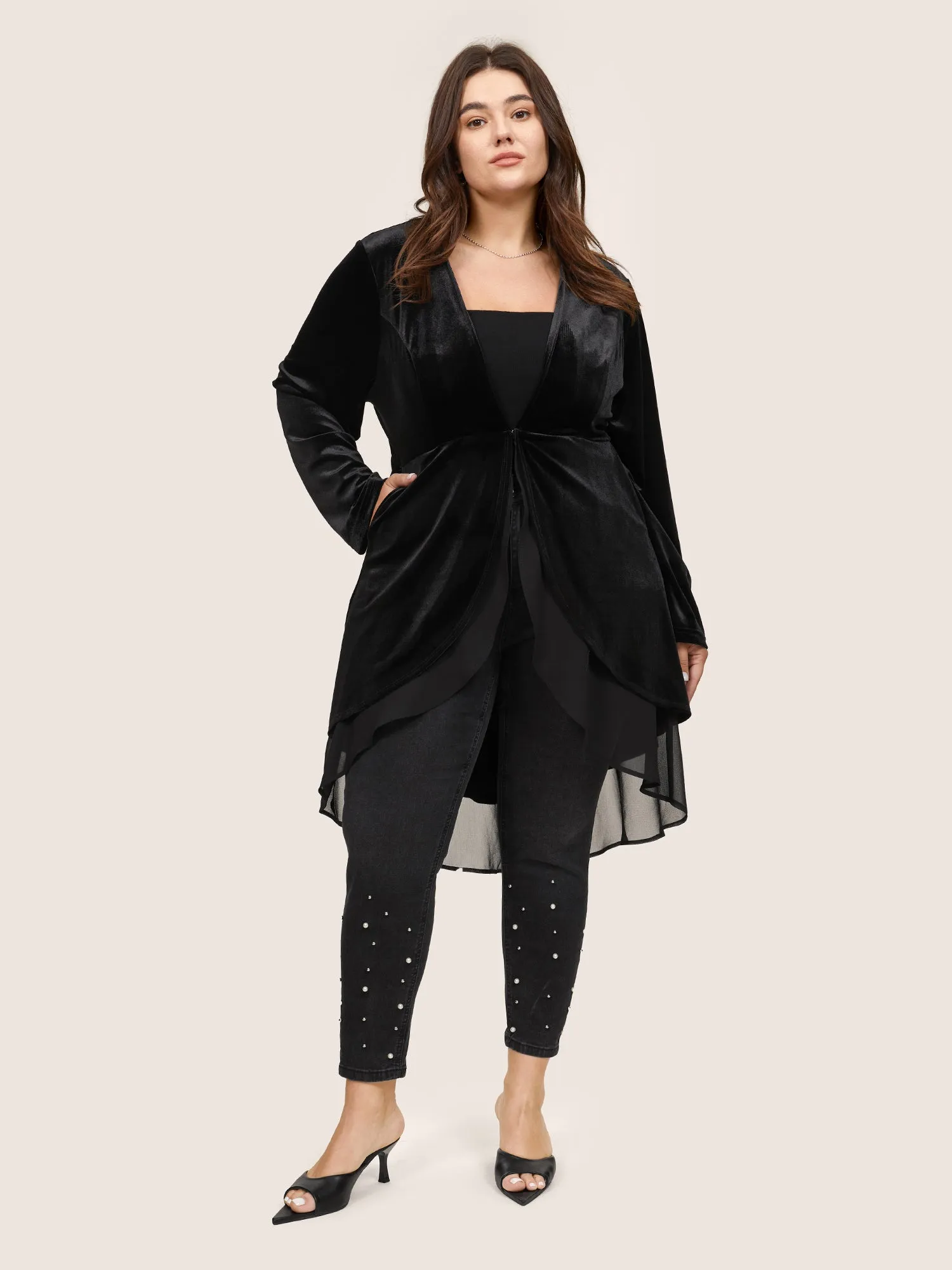 Velvet Mesh Patchwork Asymmetrical Hem Coat sold by Bloomchic