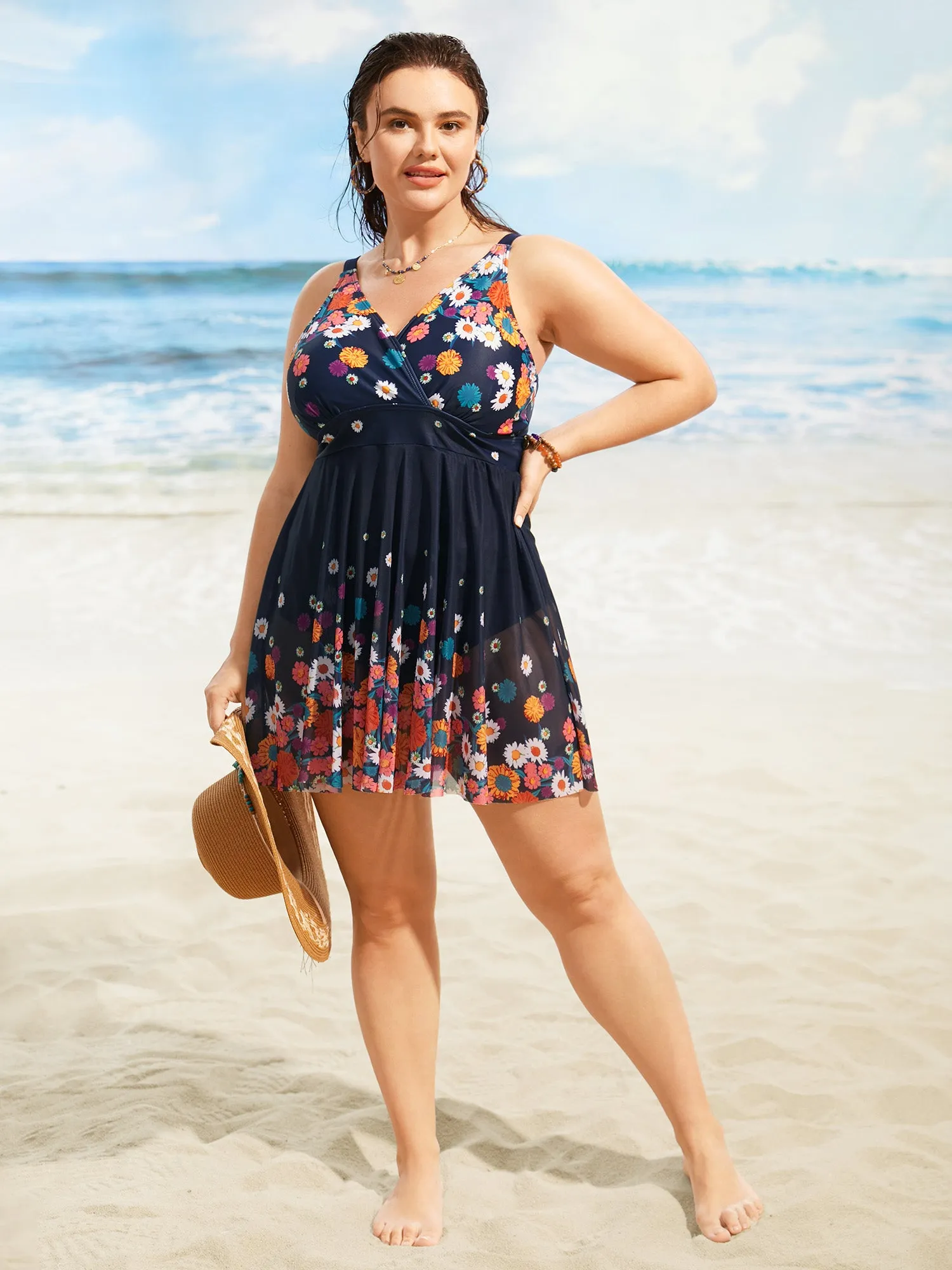 Overlap Collar Floral Patchwork Mesh Swim Dress sold by Bloomchic product image thumbnail 3