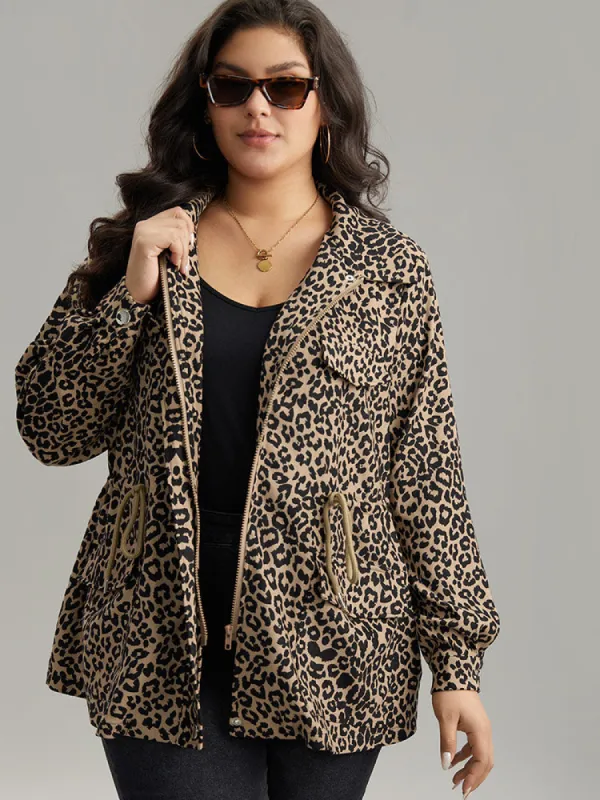 Leopard Zipper Drawstring Knot Pocket Jacket sold by Bloomchic