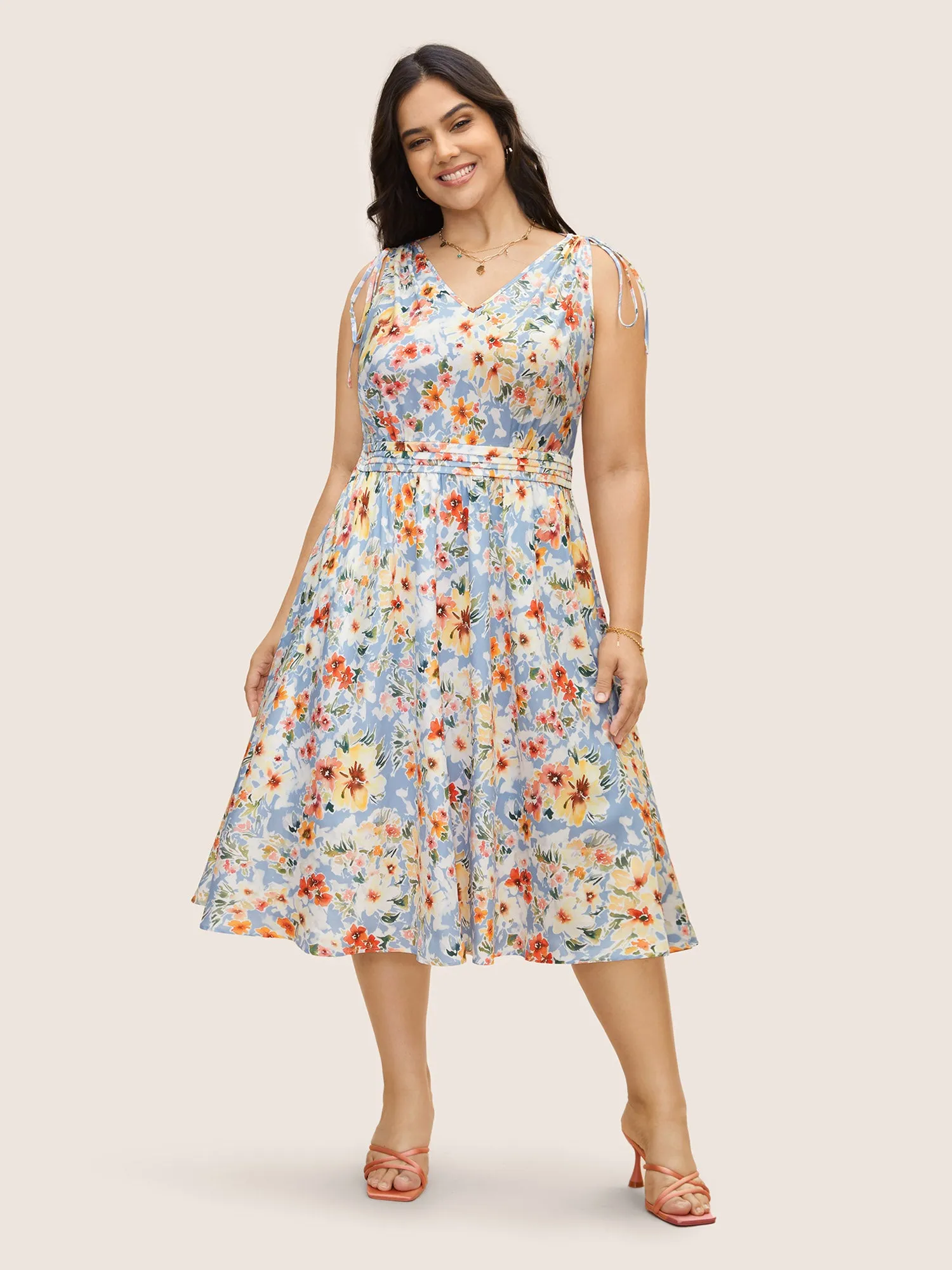 Floral Pleated Drawstring Sleeveless Midi Dress sold by Bloomchic