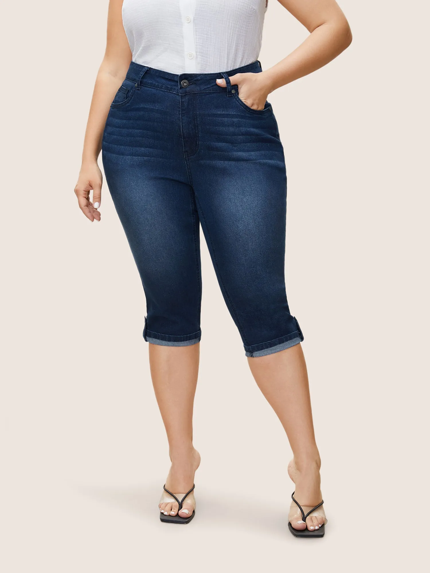 Plain Roll Hem Skinny Cropped Jeans sold by Bloomchic
