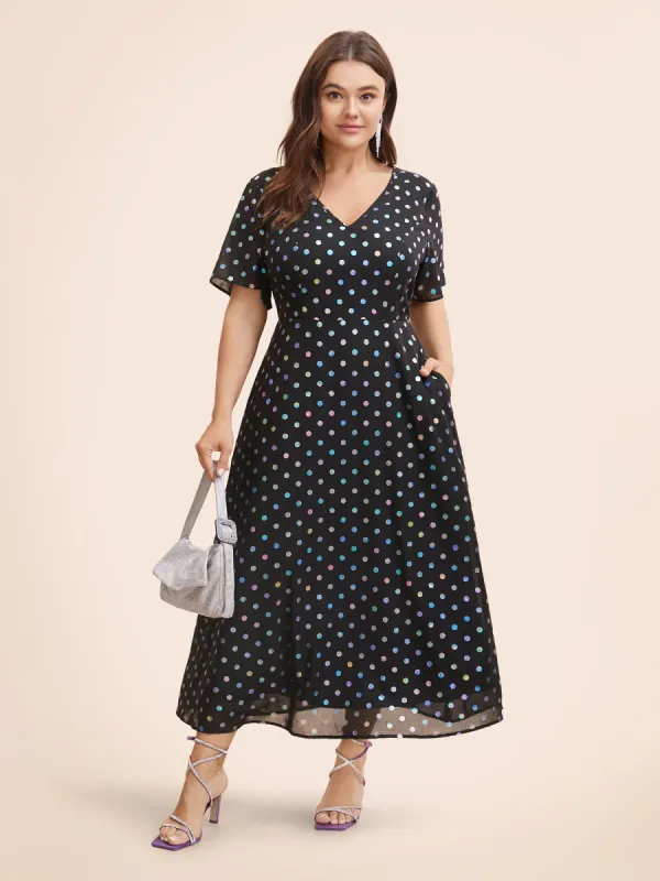V Neck Polka Dot Glitter Ruffle Sleeve Dress sold by Bloomchic
