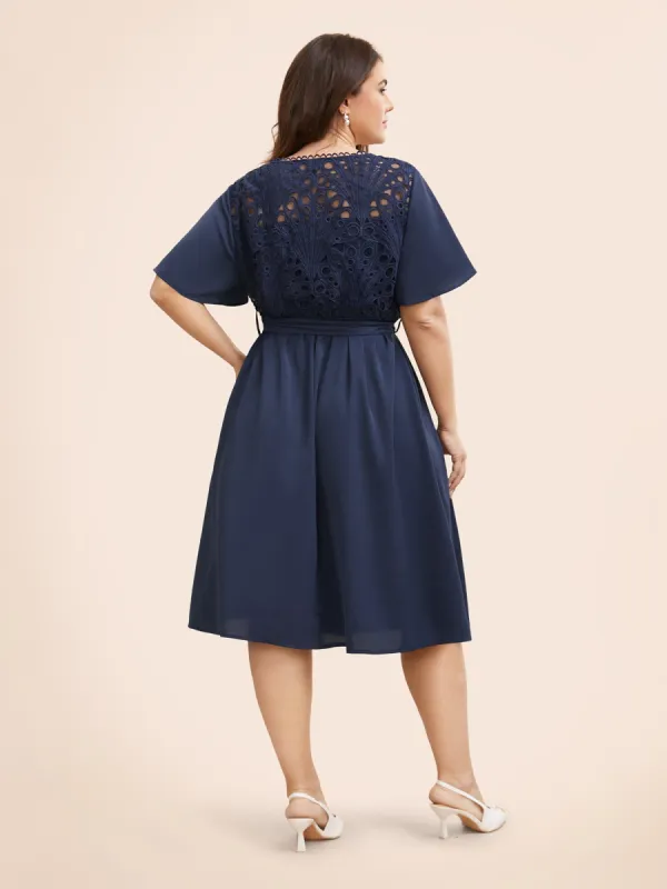 Round Neck Lace Patchwork Ruffle Sleeve Dress sold by Bloomchic