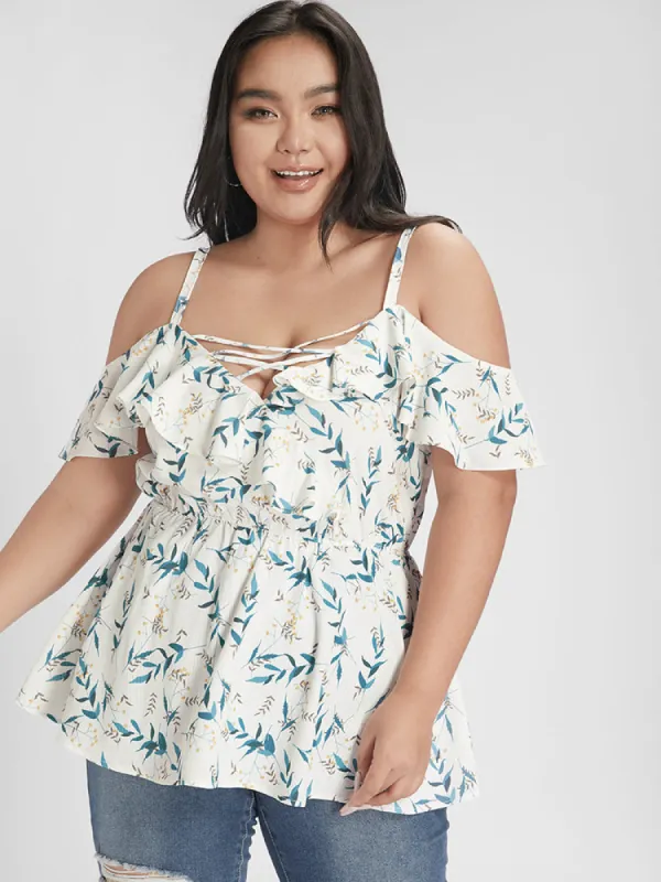 Floral Crisscross Front Cold Shoulder Ruffle Blouse sold by Bloomchic