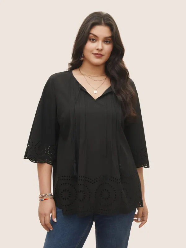 Solid Laser Cut Pleated Tassel Trim Blouse sold by Bloomchic