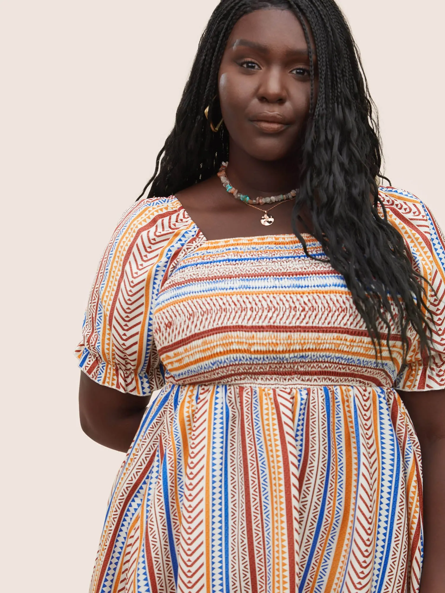 Color Striped Shirred Lantern Sleeve Dress sold by Bloomchic product image thumbnail 4