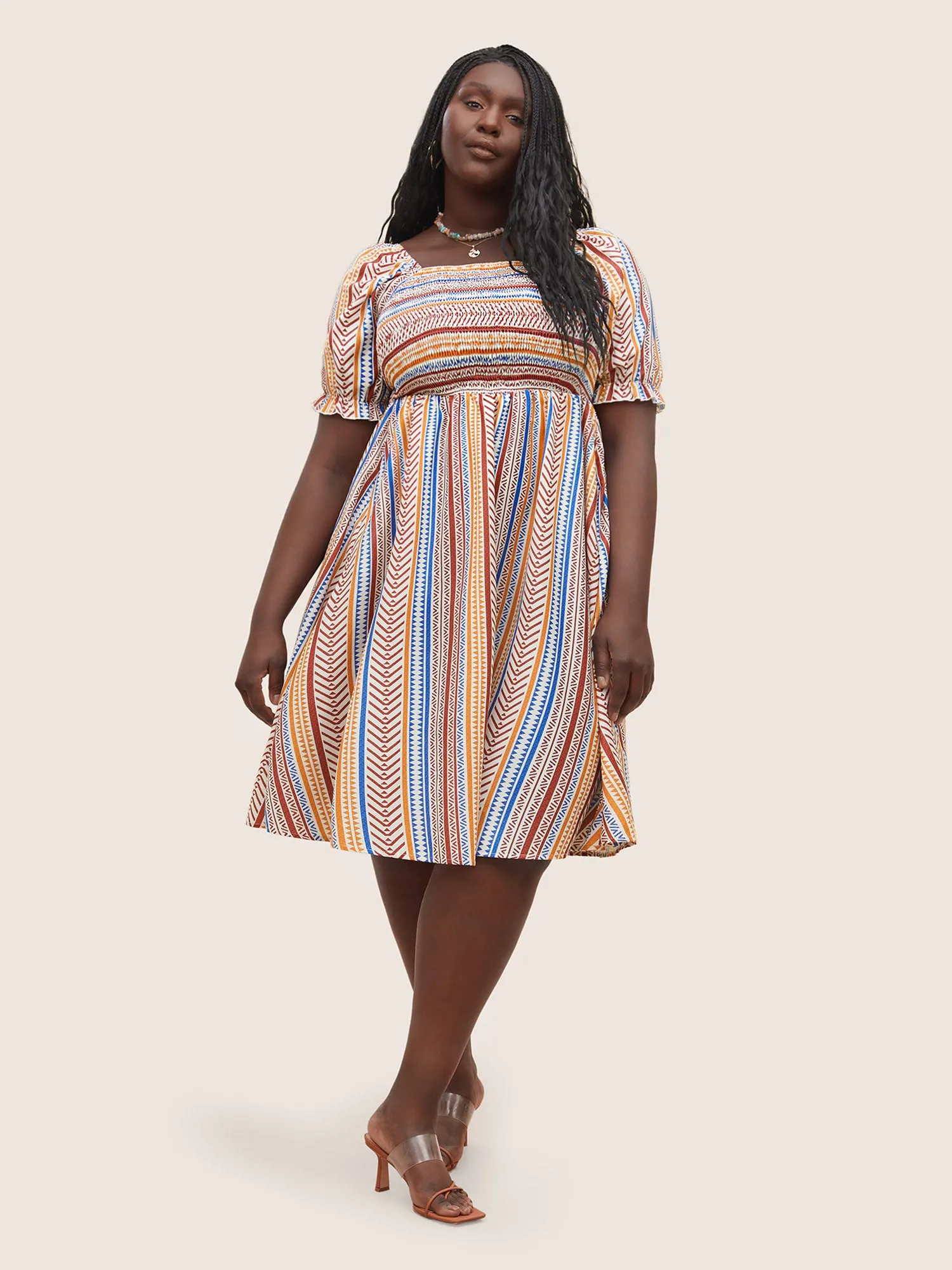 Color Striped Shirred Lantern Sleeve Dress sold by Bloomchic