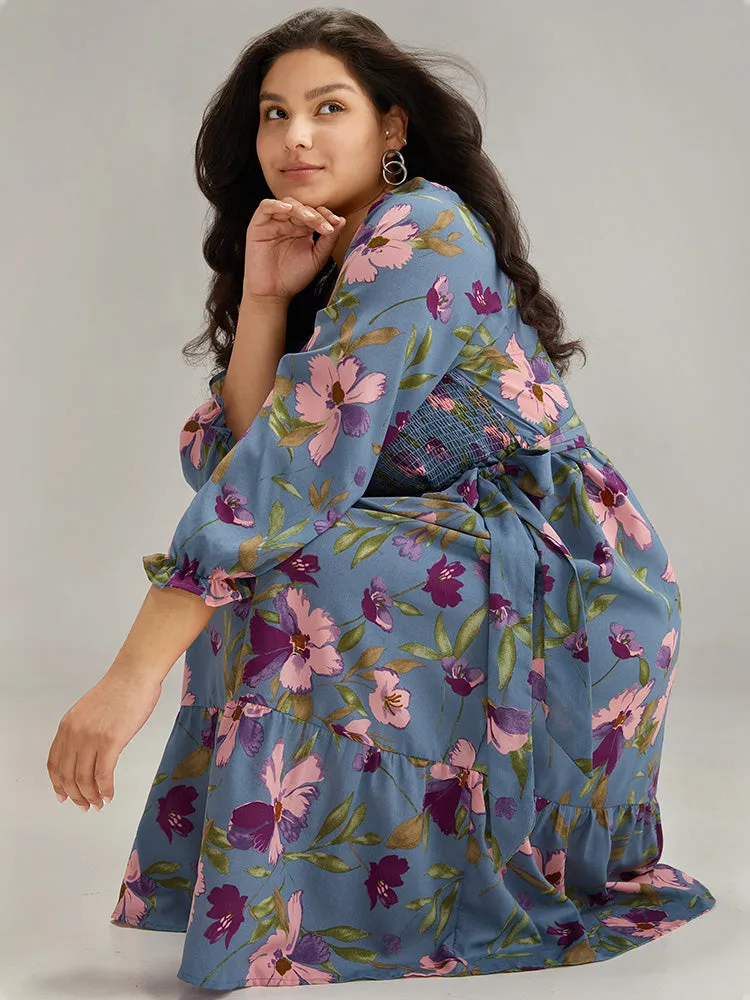 Floral Print Puff Sleeve Belted Shirred Dress sold by Bloomchic product image thumbnail 4