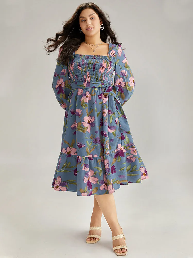 Floral Print Puff Sleeve Belted Shirred Dress sold by Bloomchic