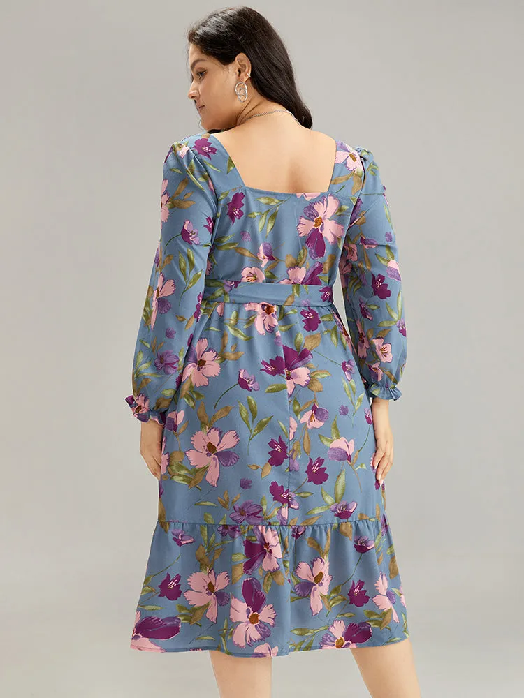 Floral Print Puff Sleeve Belted Shirred Dress sold by Bloomchic product image thumbnail 2