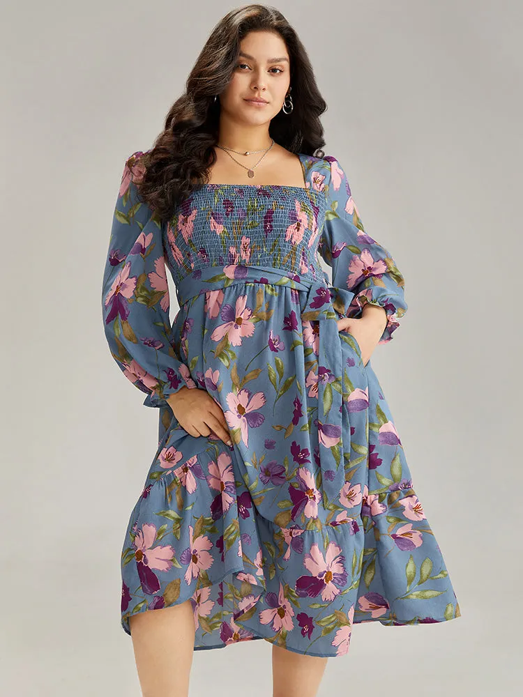 Floral Print Puff Sleeve Belted Shirred Dress sold by Bloomchic product image thumbnail 3