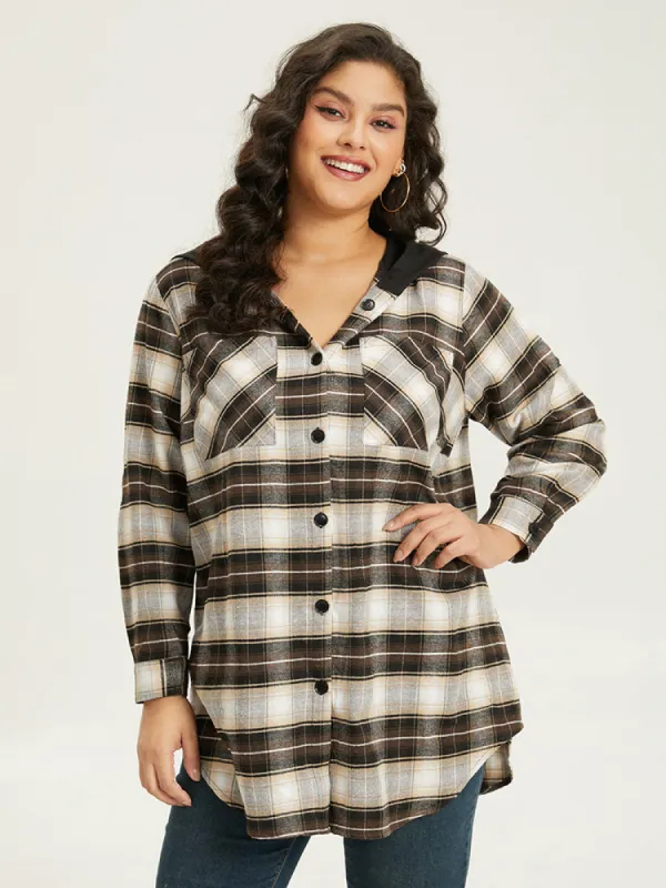 Plaid Button Up Hooded Patchwork Shacket sold by Bloomchic