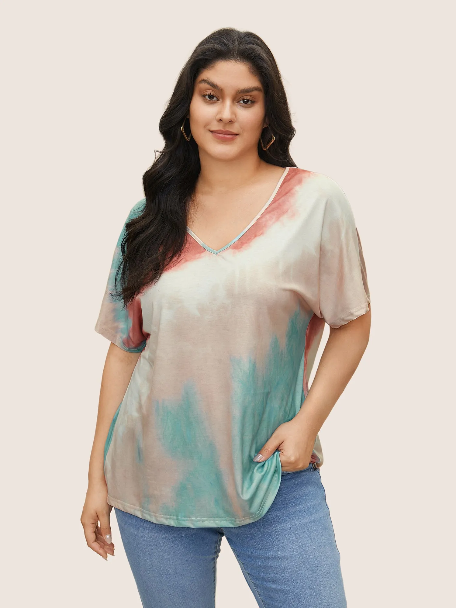 Tie Dye Drop Shoulder V Neck T-shirt sold by Bloomchic
