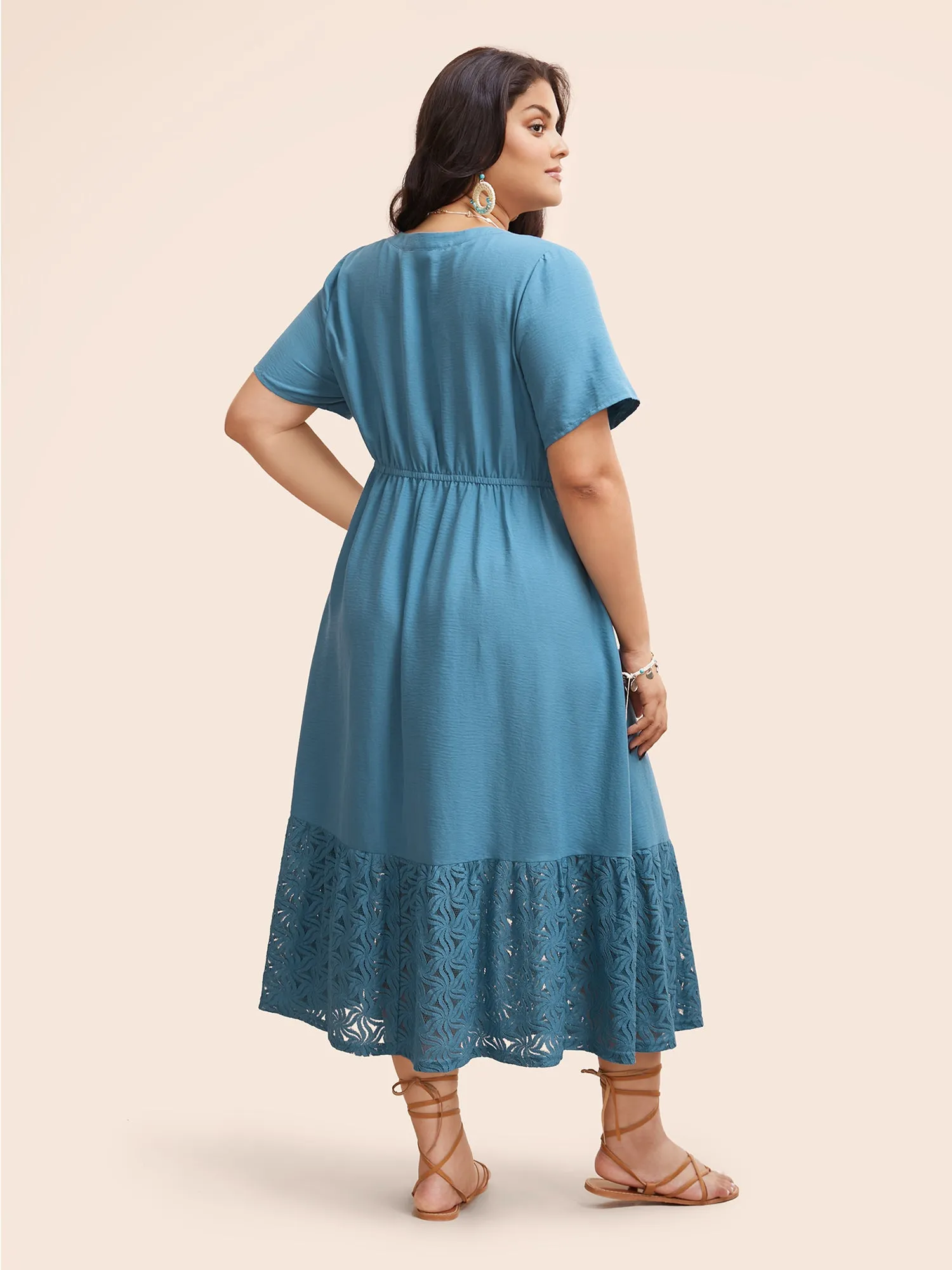 Lace Patchwork Notched Drawstring Dress sold by Bloomchic product image thumbnail 3