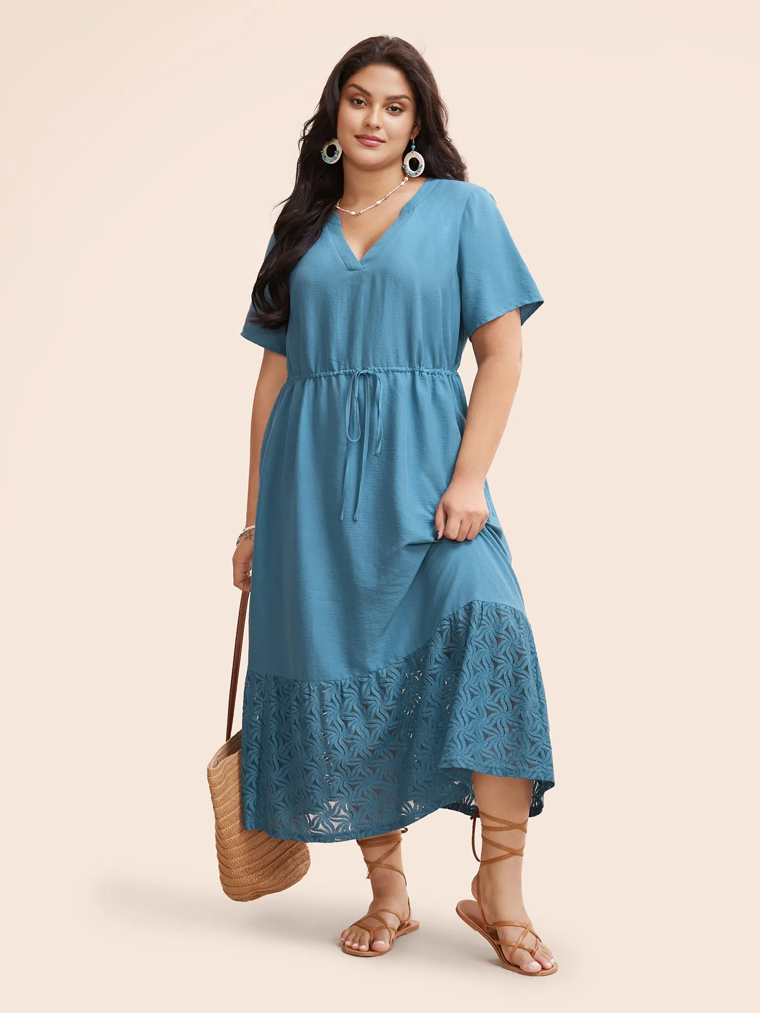 Lace Patchwork Notched Drawstring Dress sold by Bloomchic product image thumbnail 2