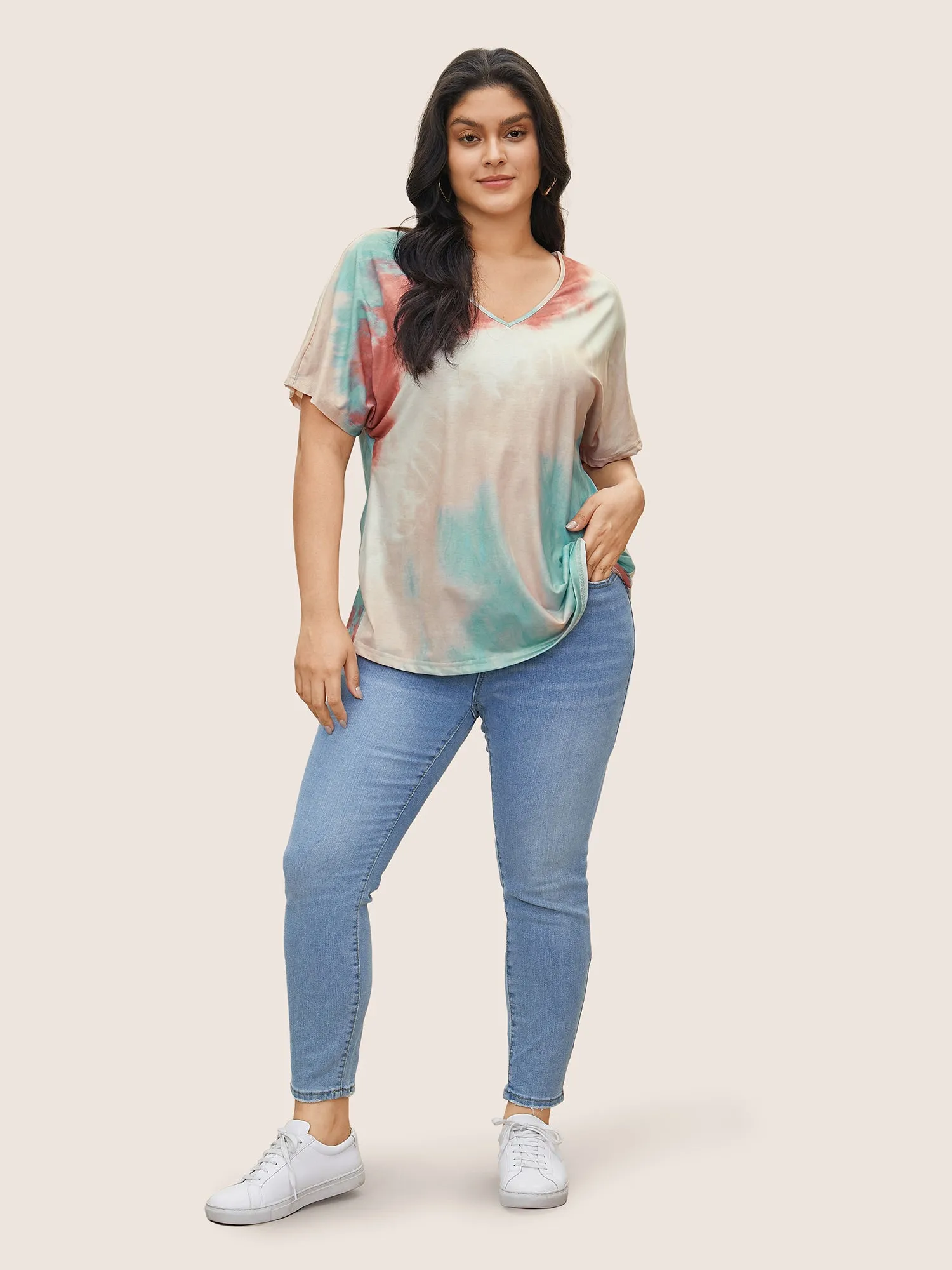 Tie Dye Drop Shoulder V Neck T-shirt sold by Bloomchic product image thumbnail 3