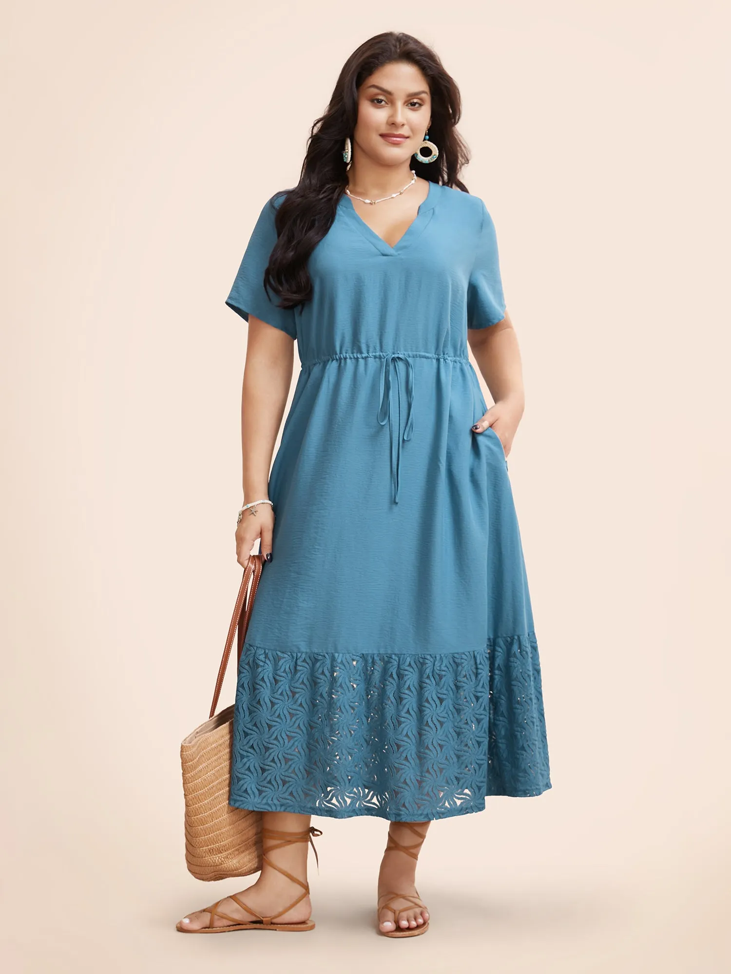 Lace Patchwork Notched Drawstring Dress sold by Bloomchic