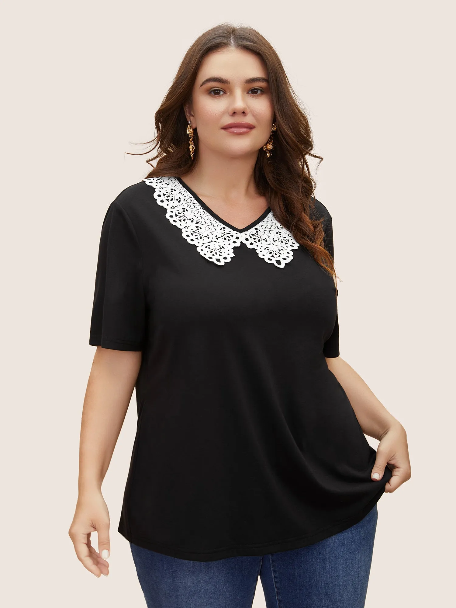 Lace Panel Patchwork Contrast Top sold by Bloomchic