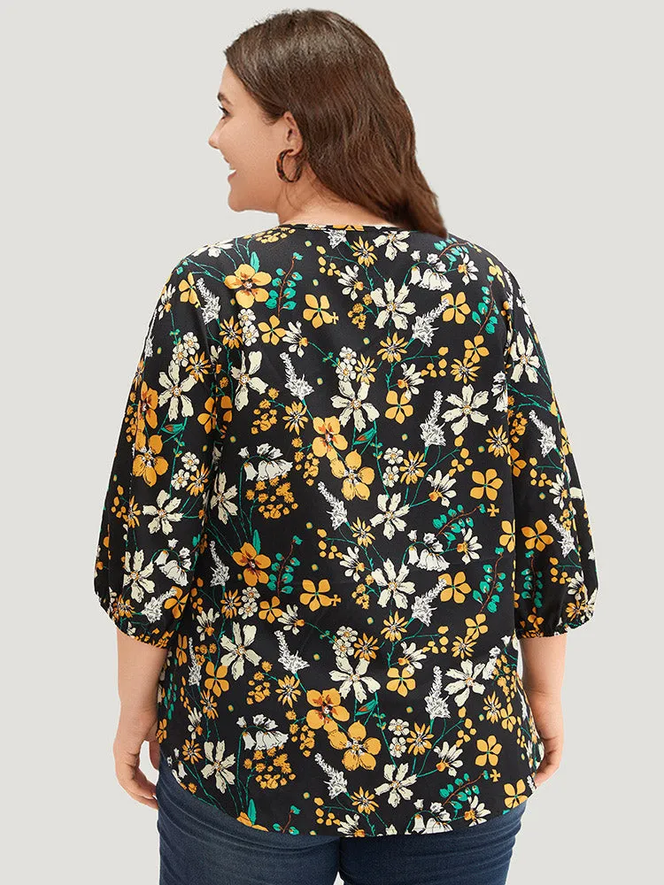 Floral Print Pleated Notched Lantern Sleeve Blouse sold by Bloomchic product image thumbnail 5