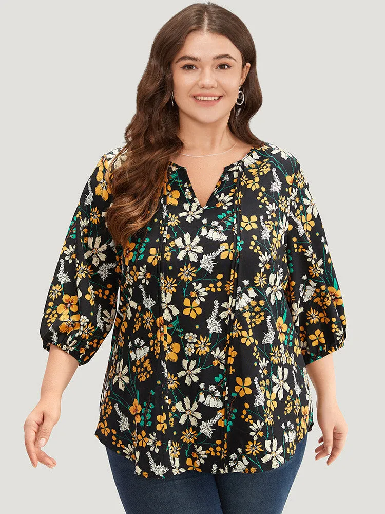 Floral Print Pleated Notched Lantern Sleeve Blouse sold by Bloomchic product image thumbnail 2