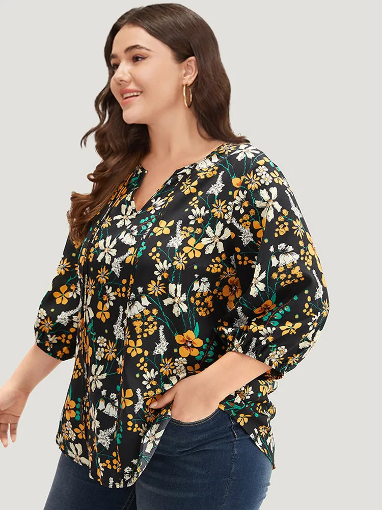 Floral Print Pleated Notched Lantern Sleeve Blouse sold by Bloomchic product image thumbnail 4