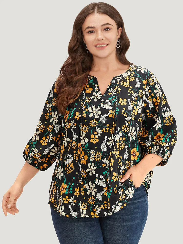 Floral Print Pleated Notched Lantern Sleeve Blouse sold by Bloomchic