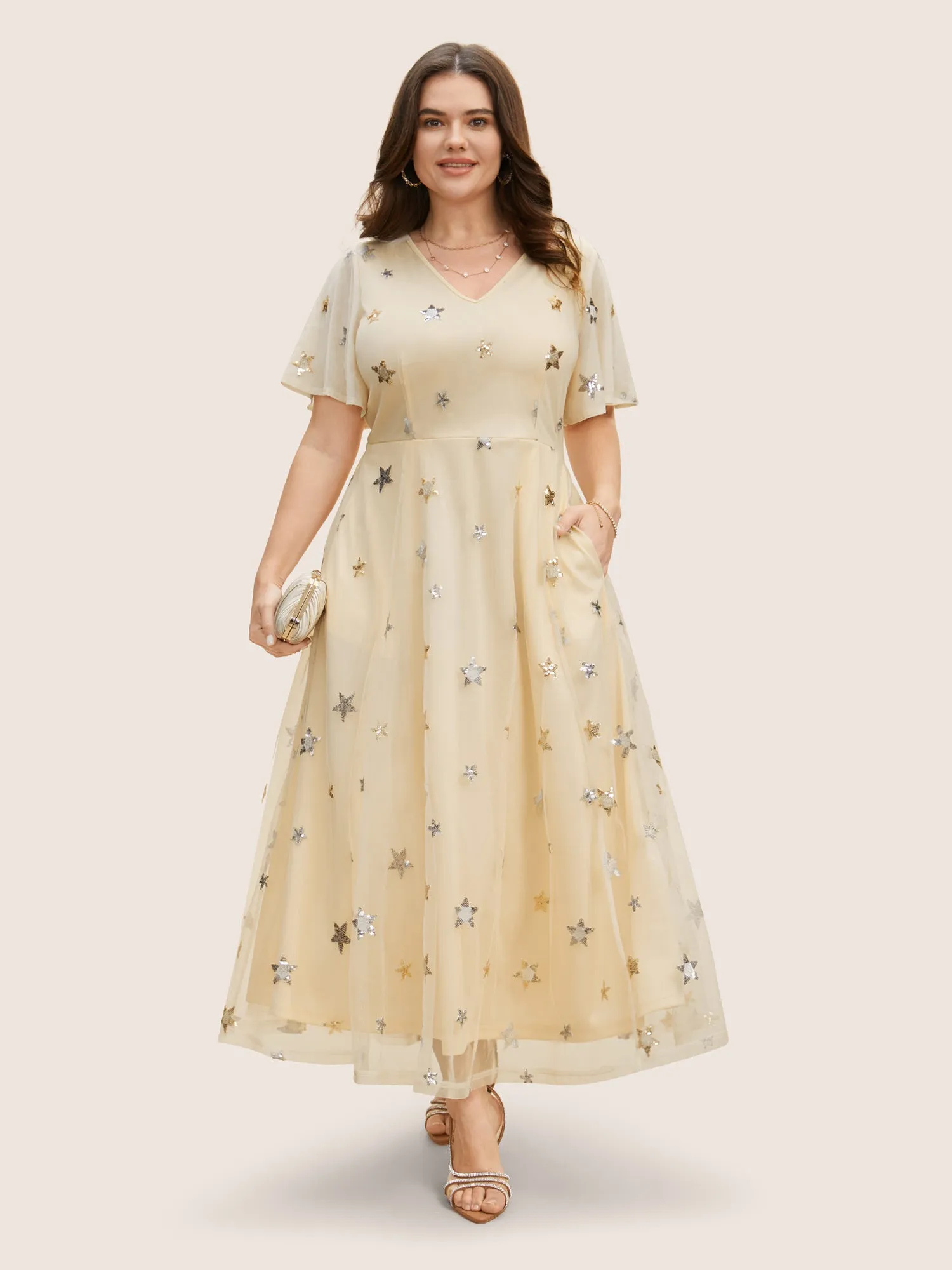 Star Embroidered Sequin Mesh Maxi Dress sold by Bloomchic