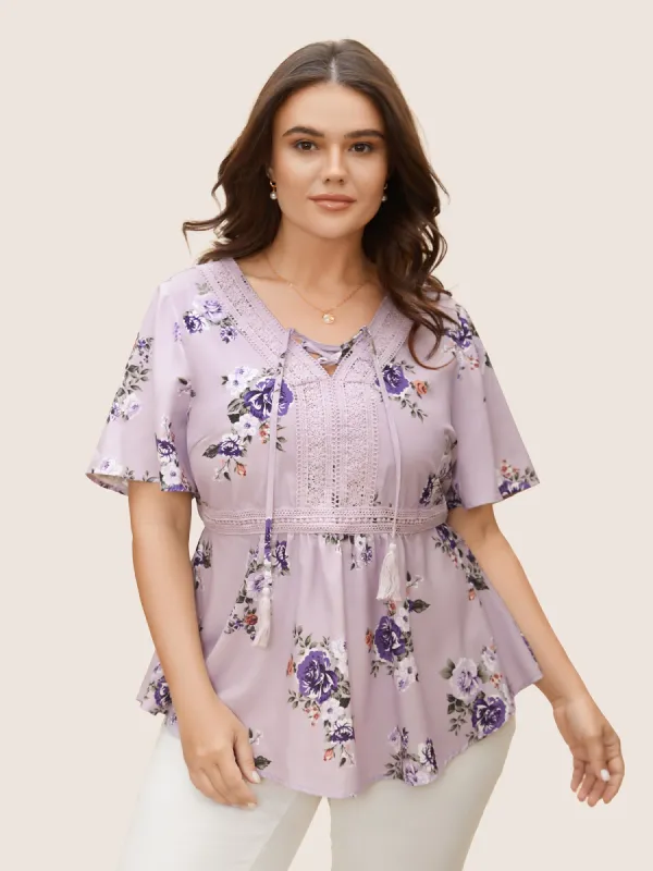 Floral Lace Panel Tassel Trim Ruffle Sleeve Blouse sold by Bloomchic