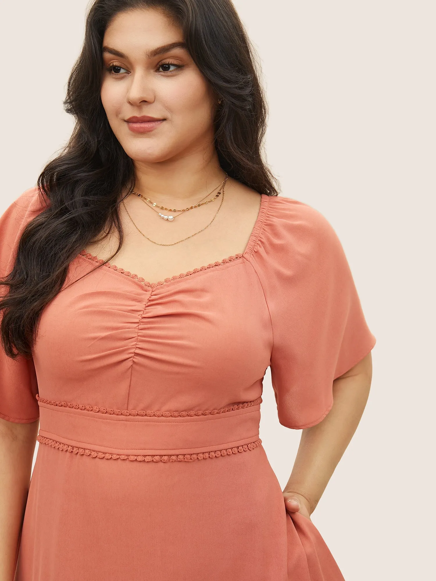 Plain Pompom Trim Ruched Patchwork Dress sold by Bloomchic product image thumbnail 4