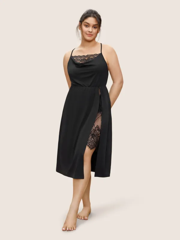 Cowl Neck Lace Panel Split Side Sleep Dress sold by Bloomchic