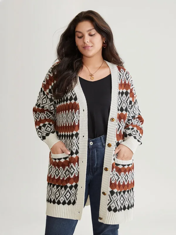 Geometric Jacquard Pocket Button Up Cardigan sold by Bloomchic