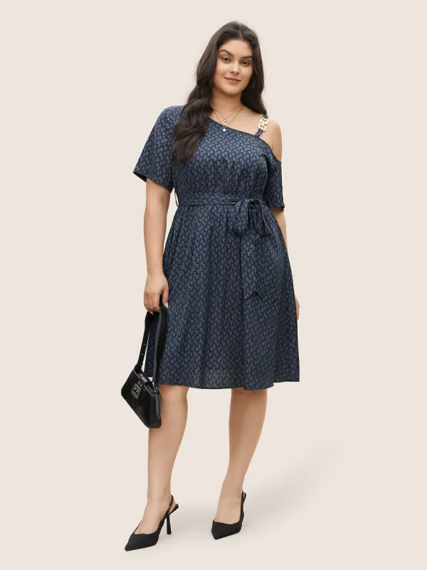 Geometric Metal Chain Detail Belted Dress sold by Bloomchic
