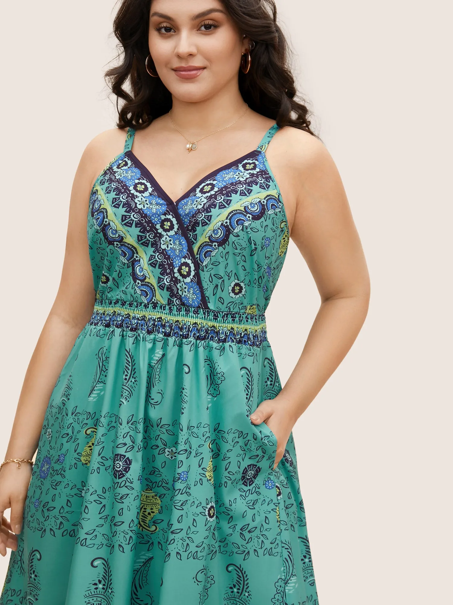 Paisley Print Overlap Collar Shirred Cami Dress sold by Bloomchic product image thumbnail 2