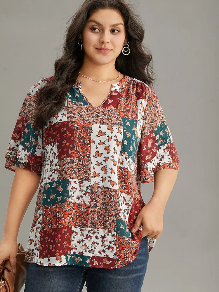 Ditsy Floral Colorblock Contrast Notched Blouse sold by Bloomchic
