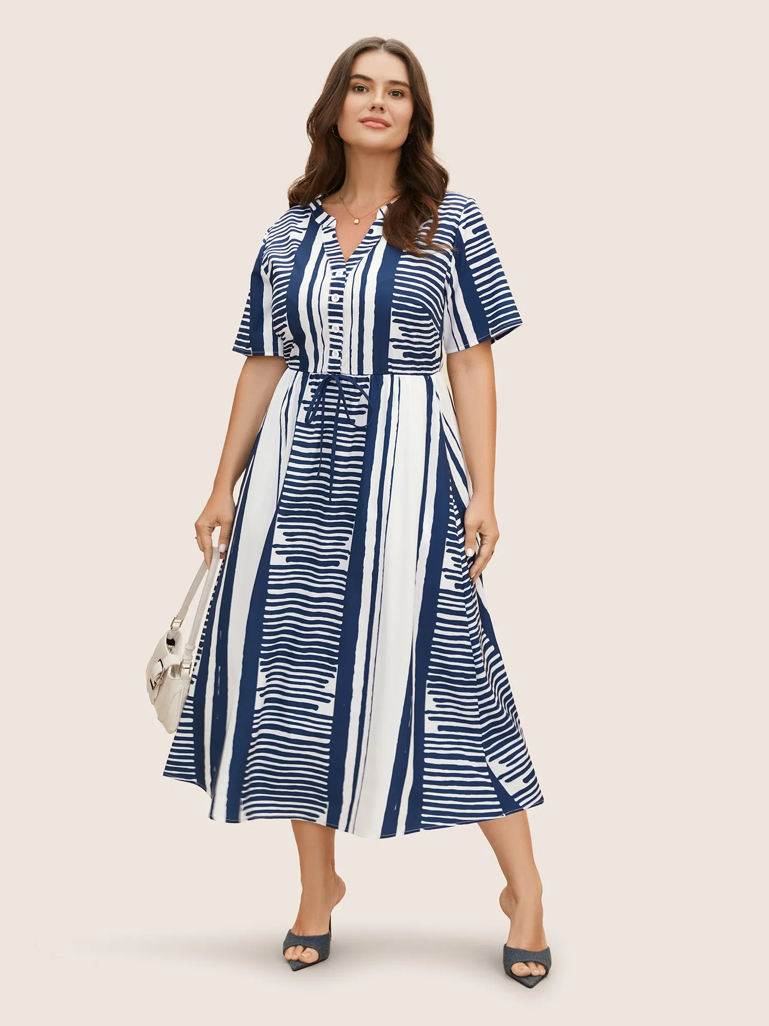 Notched Collar Striped Patchwork Drawstring Dress sold by Bloomchic product image thumbnail 3