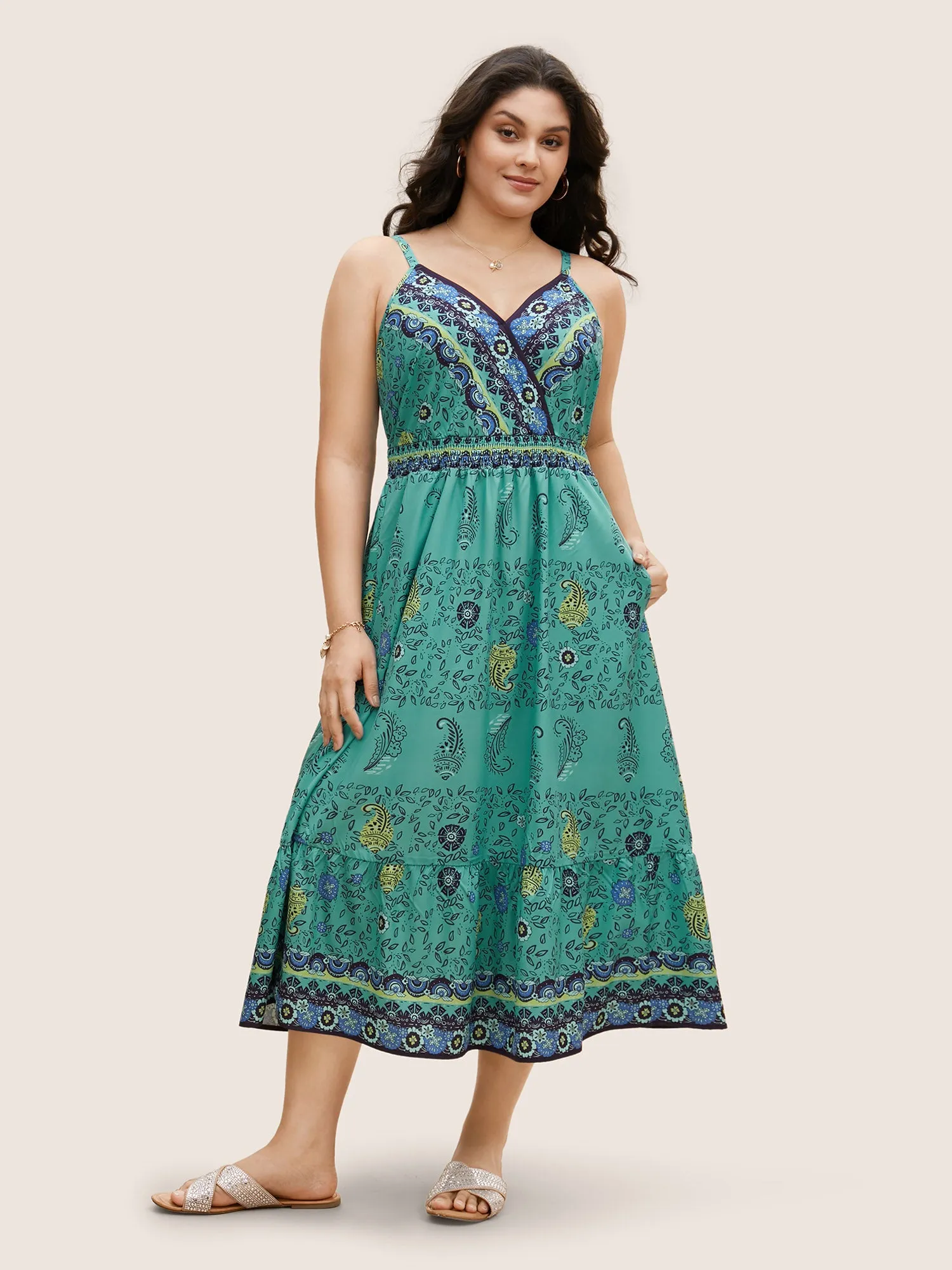 Paisley Print Overlap Collar Shirred Cami Dress sold by Bloomchic product image thumbnail 3
