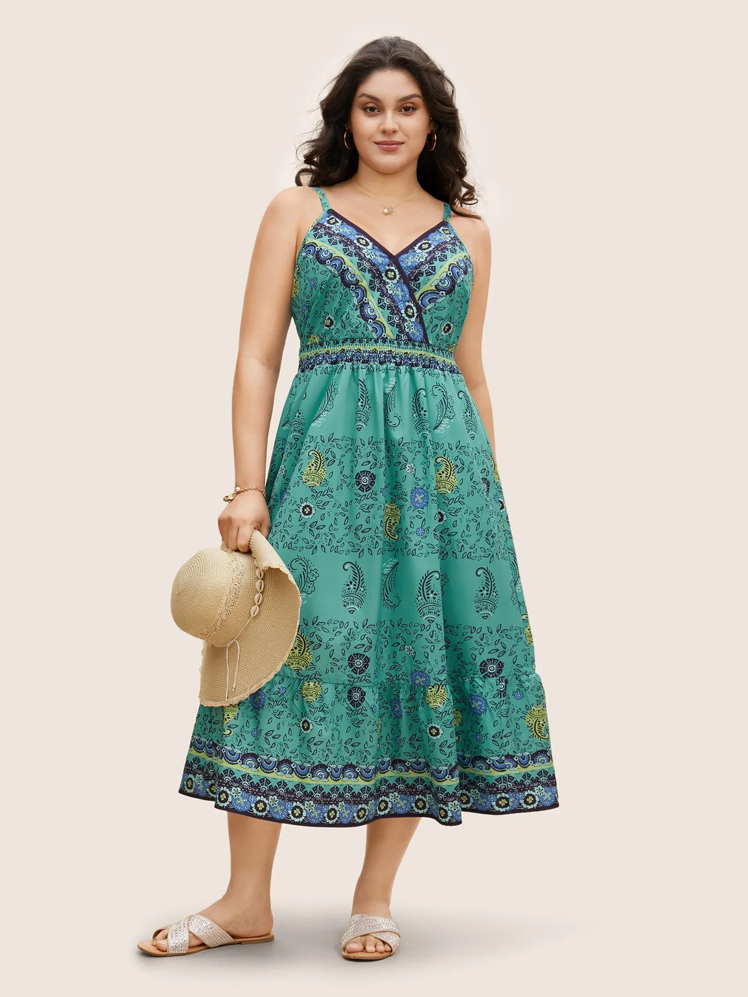 Paisley Print Overlap Collar Shirred Cami Dress sold by Bloomchic