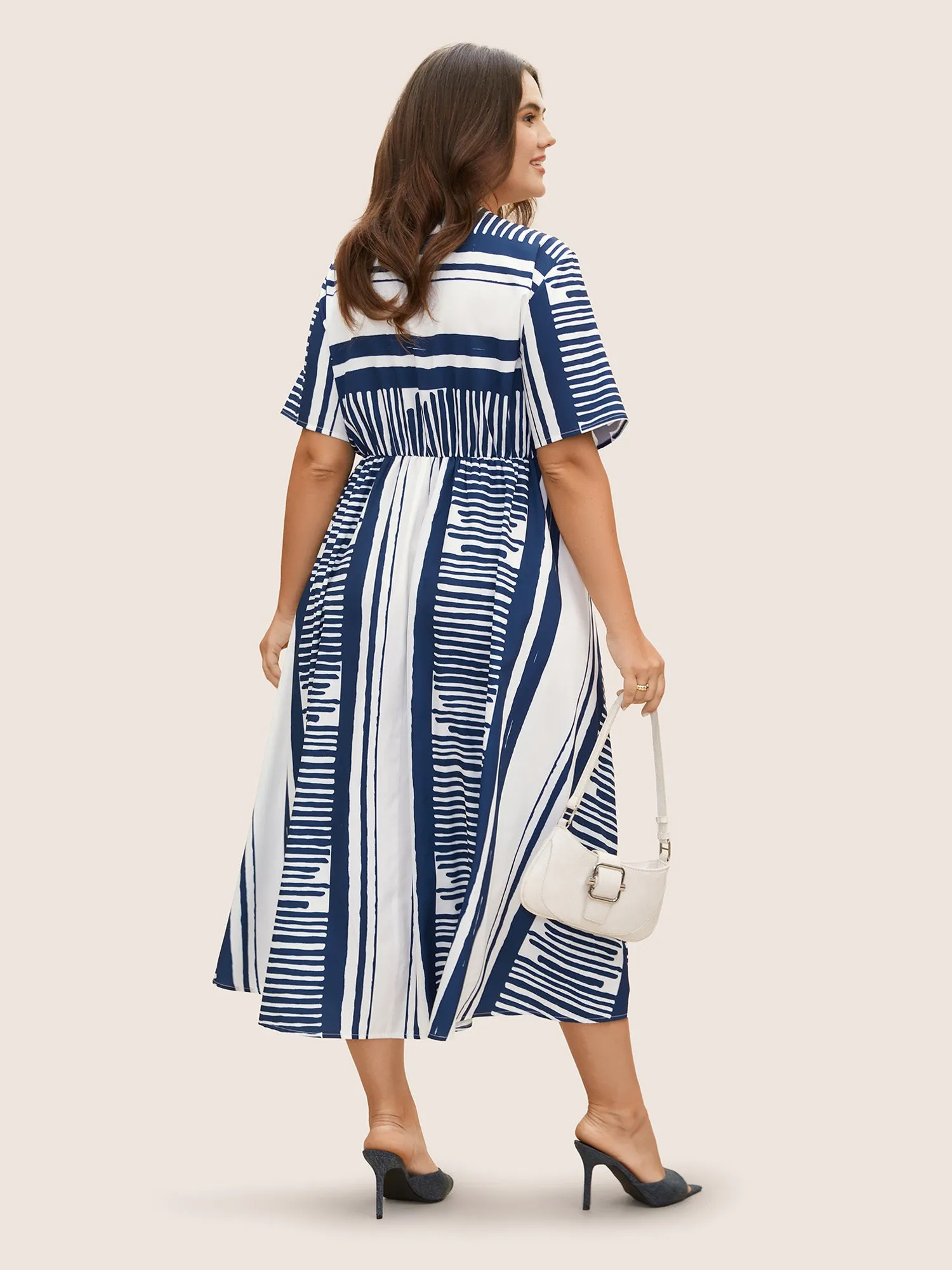 Notched Collar Striped Patchwork Drawstring Dress sold by Bloomchic product image thumbnail 4