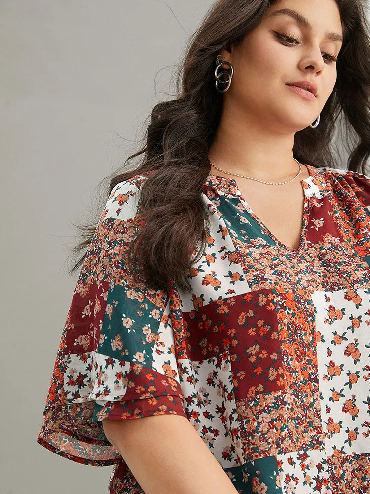 Ditsy Floral Colorblock Contrast Notched Blouse sold by Bloomchic product image thumbnail 5