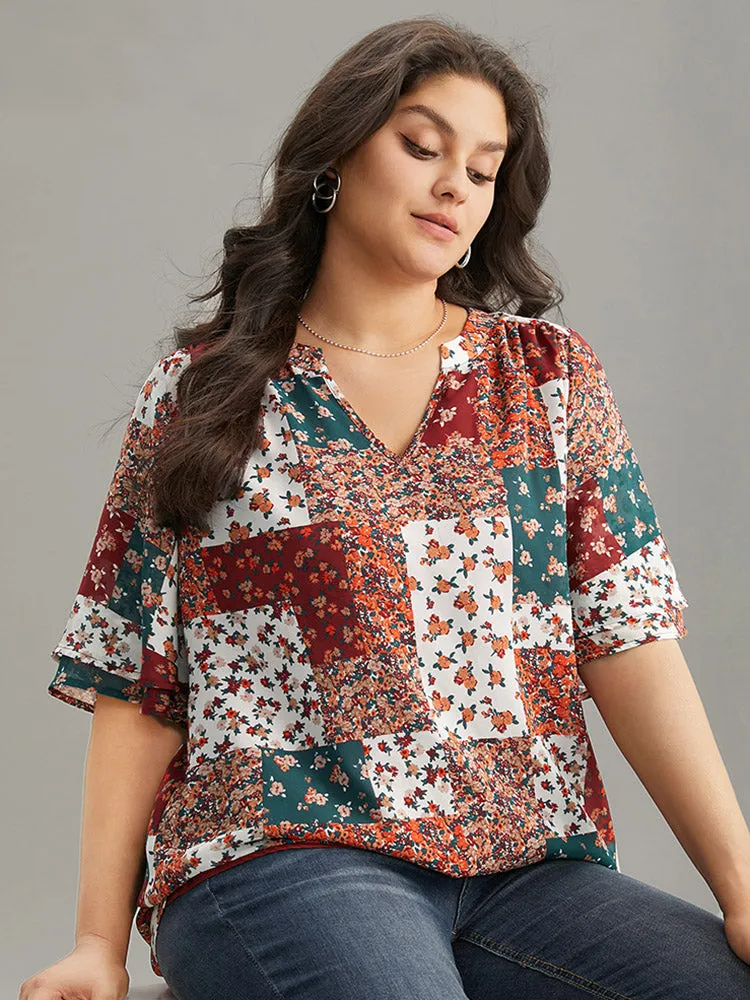 Ditsy Floral Colorblock Contrast Notched Blouse sold by Bloomchic product image thumbnail 3